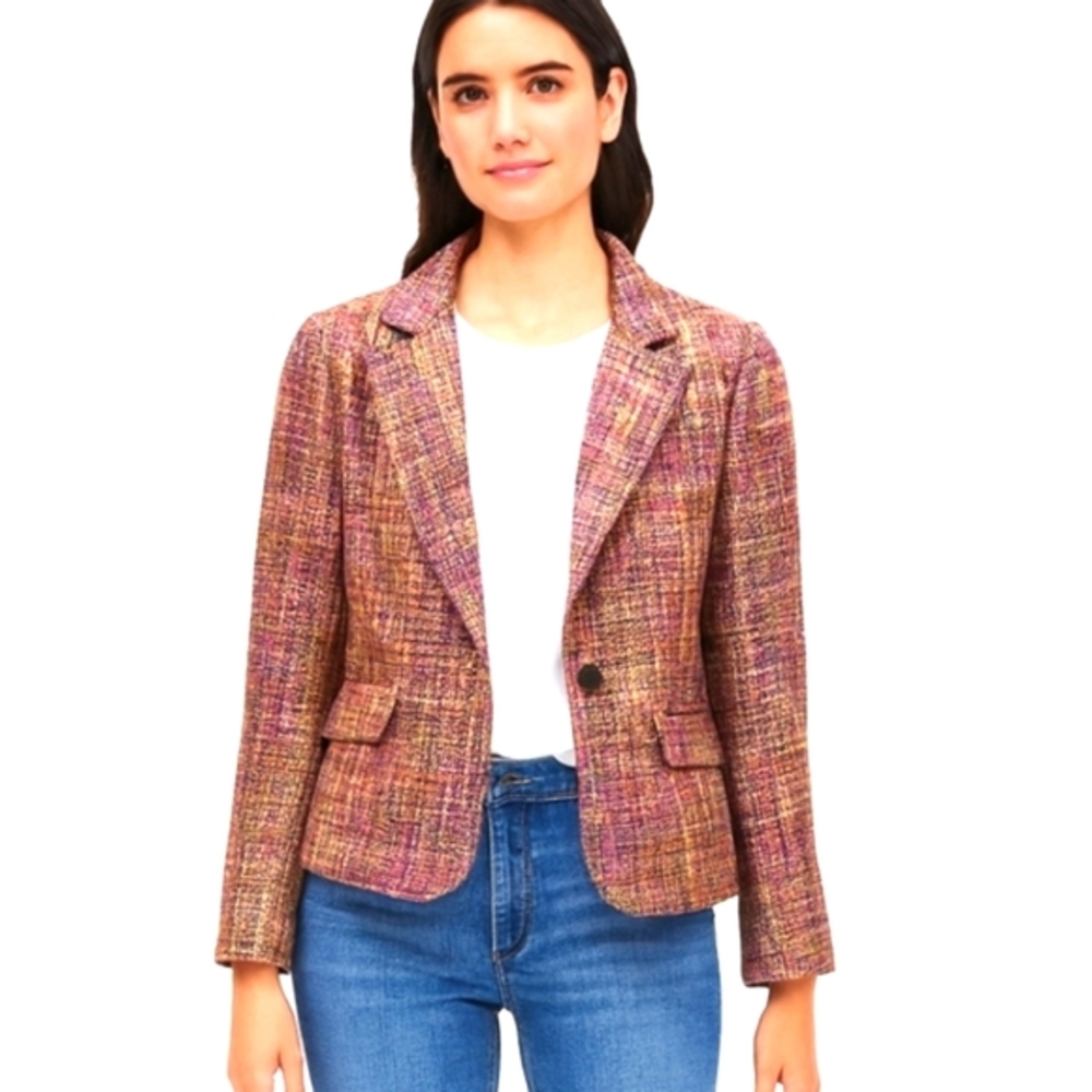 New York & Company Tweed Blazer multicolor purple weave back vent size 10